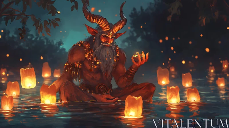 AI ART Horned Figure in Water with Lanterns