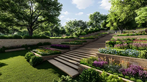 Tiered Garden with Flowers and Steps