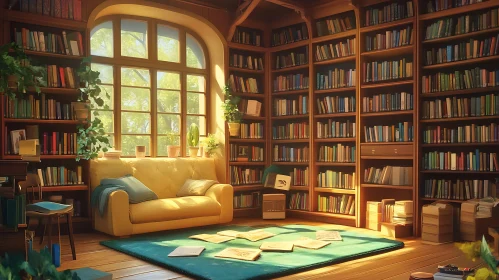 Sunlit Library Interior with Books and Sofa