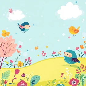 Whimsical Bird and Floral Landscape