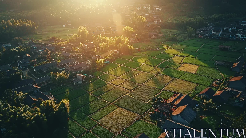 AI ART Aerial Serenity: Rice Fields and Village