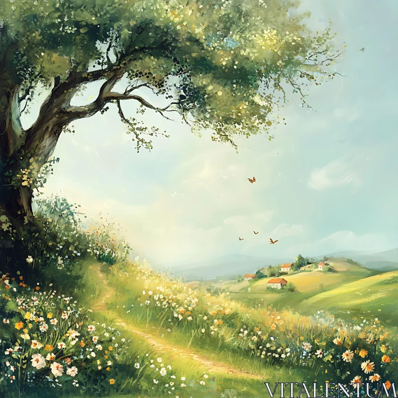 Scenic Summer Meadow with Distant Village AI Image