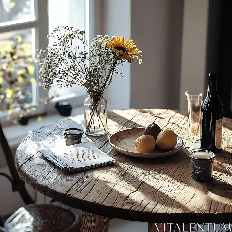 Sunlit Still Life with Flowers and Fruits AI Image