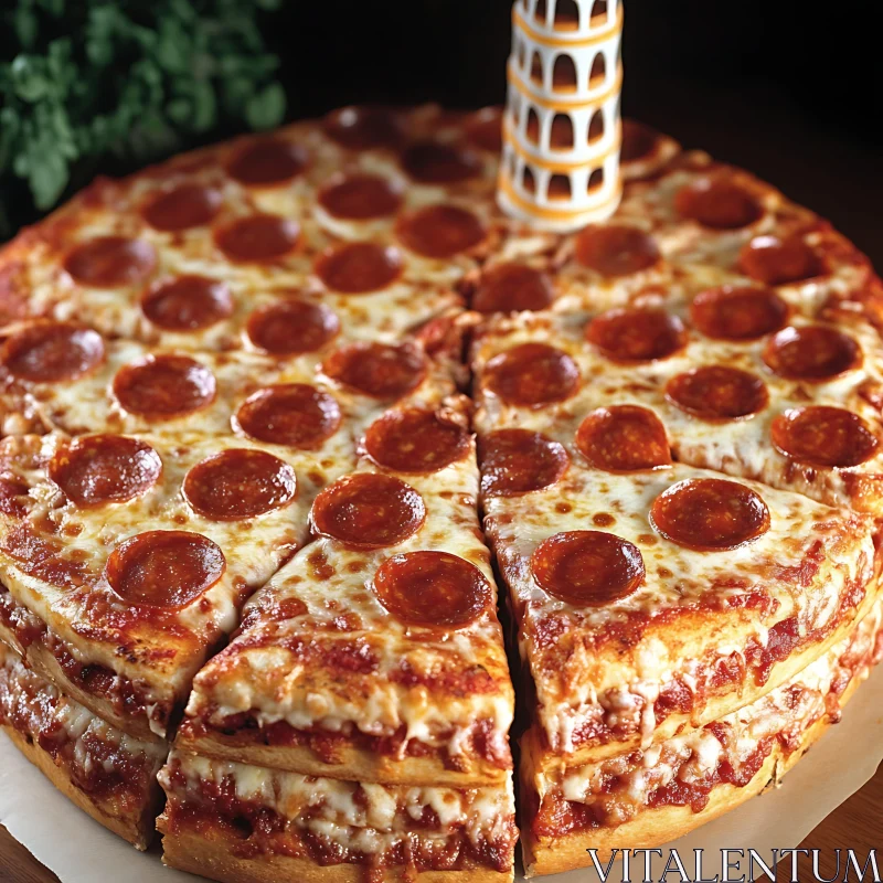 Pepperoni Pizza with Leaning Tower of Pisa AI Image