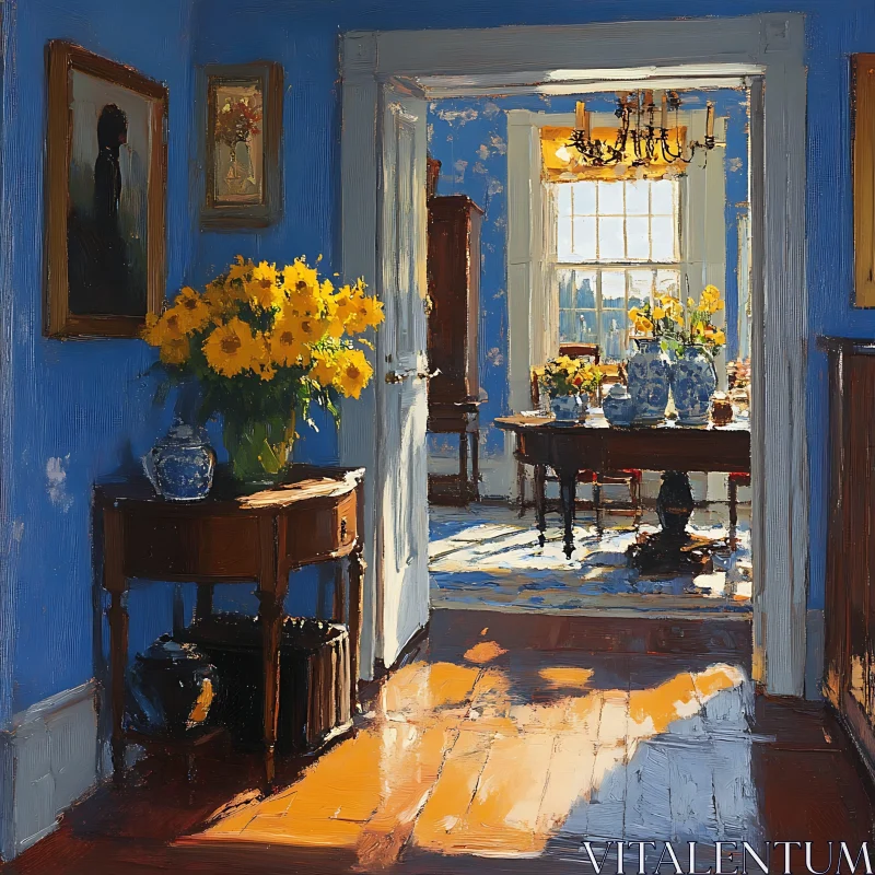 AI ART Interior with Sunflowers and Blue Walls