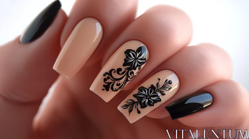 AI ART Sophisticated Floral Manicure in Nude Beige and Black