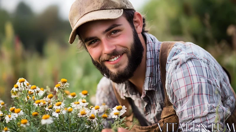 Happy Gardener with Daisies AI Image