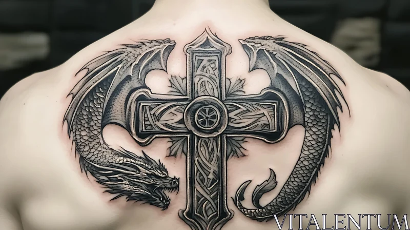 AI ART Majestic Tattoo Art: Dragon and Cross Design