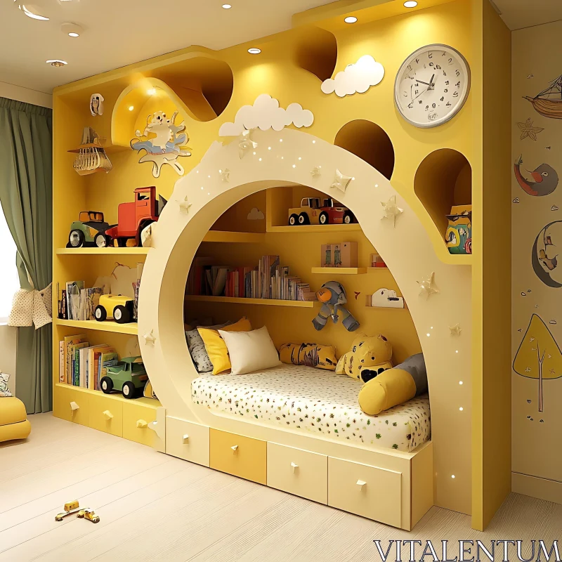 AI ART Children's Room with Integrated Bed and Shelves