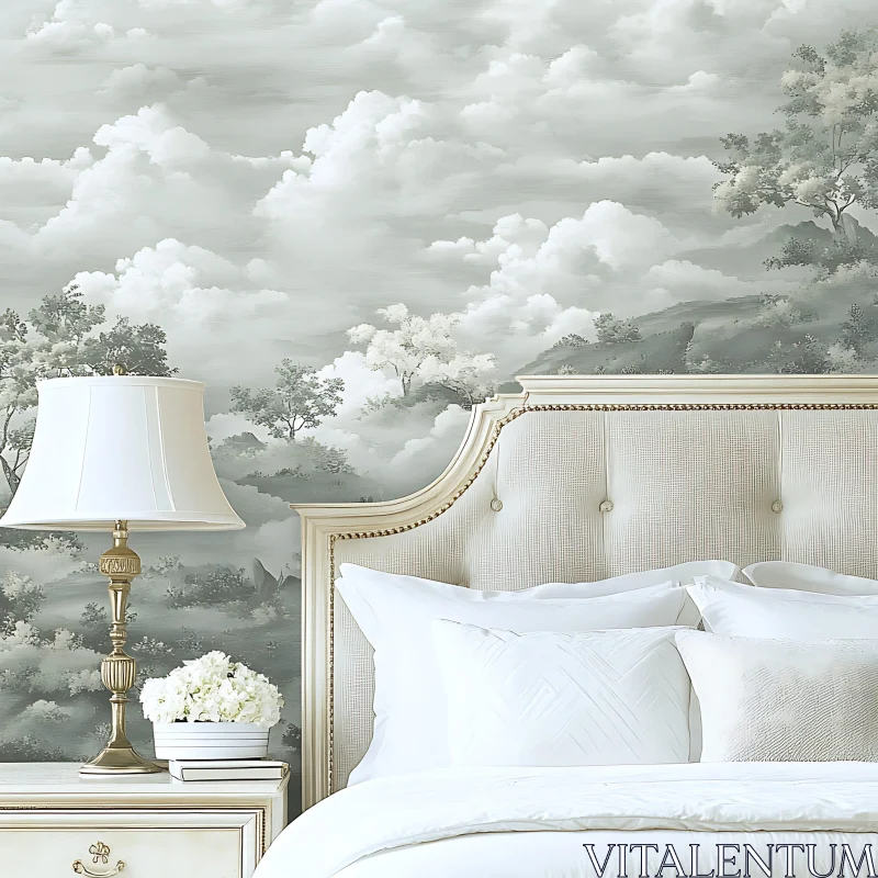 Peaceful Bedroom Interior with Cloudscape Wallpaper AI Image