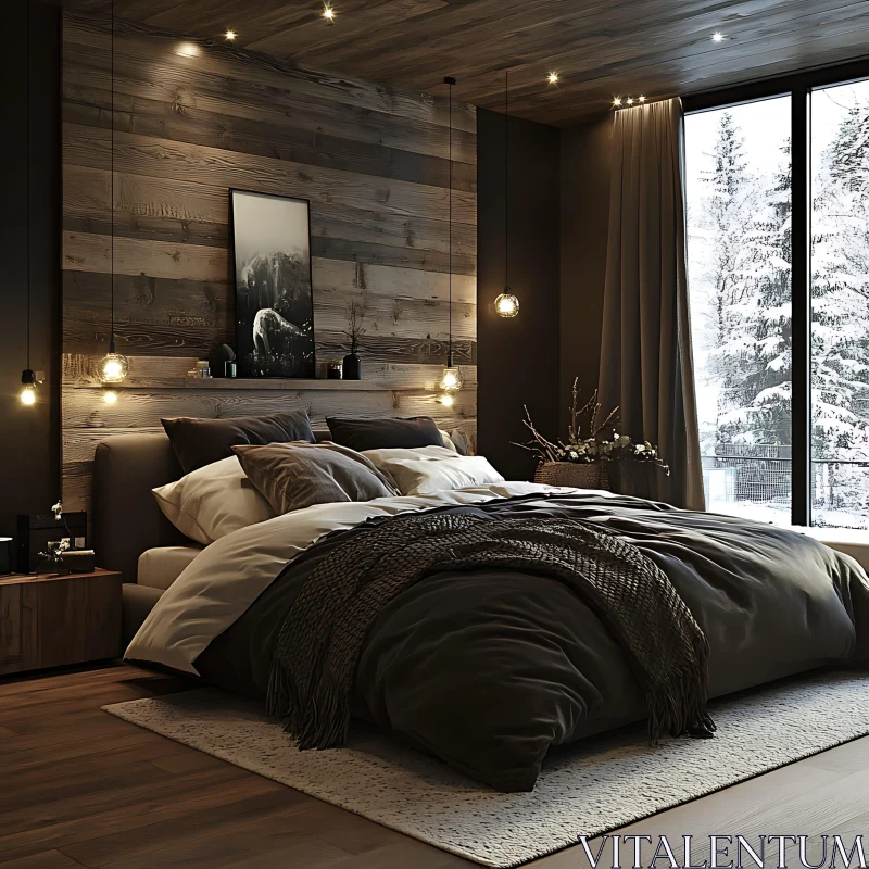 Serene Bedroom with Snowy Forest View AI Image