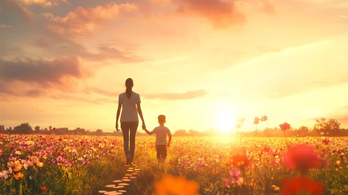 Sunset Walk with Mother and Son