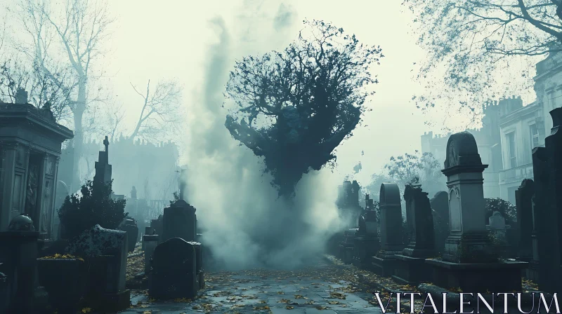 AI ART Fog-Shrouded Cemetery with Spectral Tree