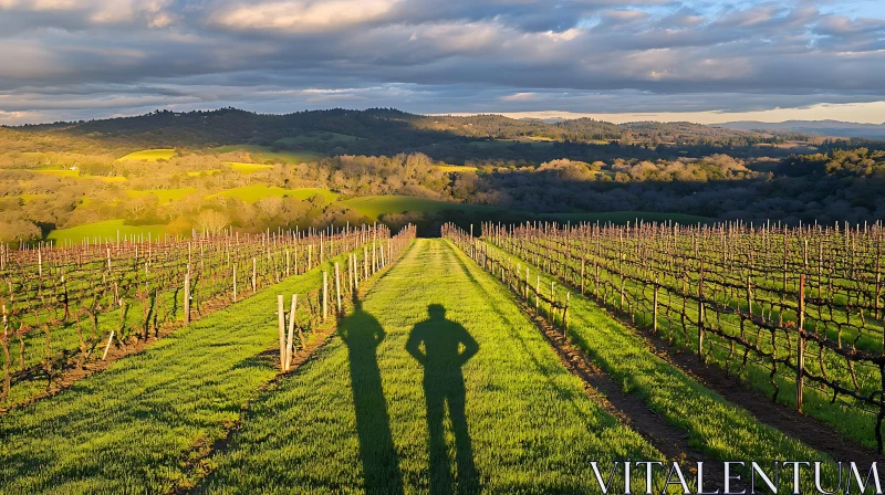 AI ART Sunlit Vineyard with Shadow Figures