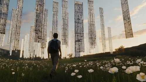 Man Walking Towards Floating Buildings