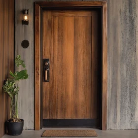 Charming Entrance with Wooden Door and Greenery