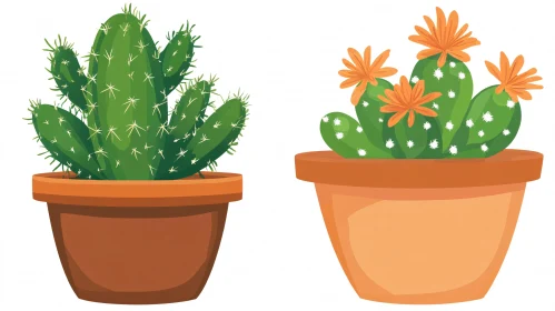 Two Cacti in Pots, One Flowering