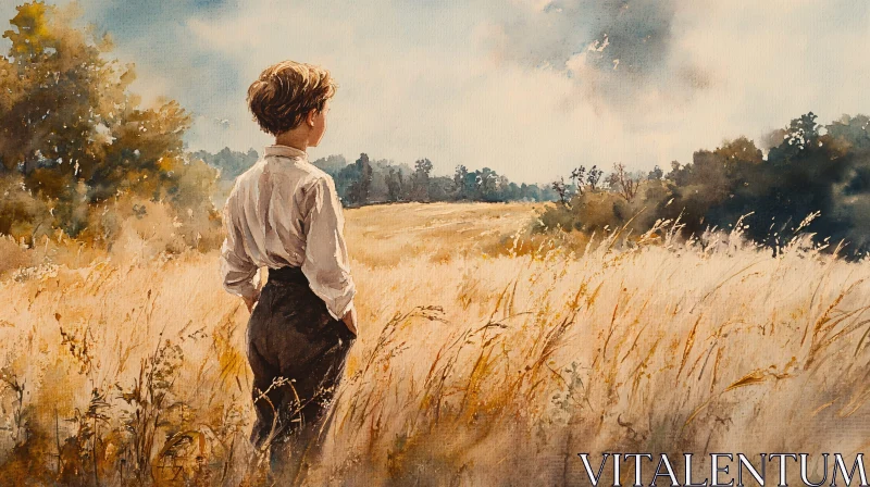 AI ART Watercolor Boy in Golden Field