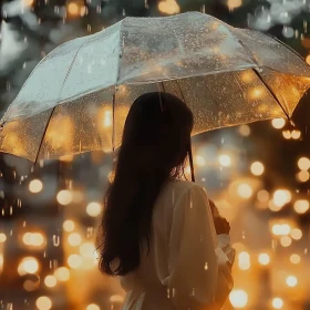 Woman in Rain with Bokeh Lights