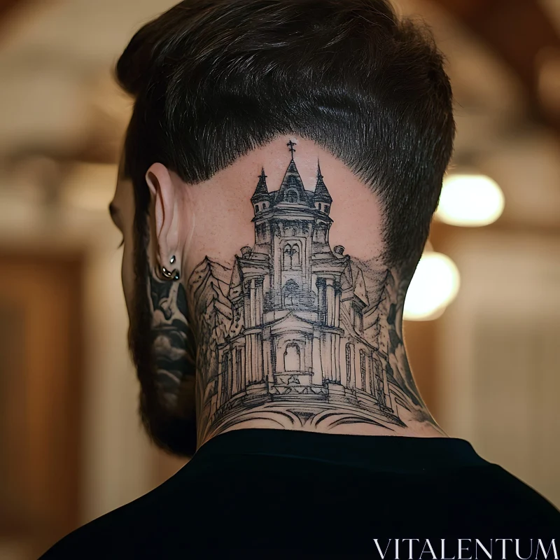 Intricate Gothic Cathedral Tattoo on Neck AI Image