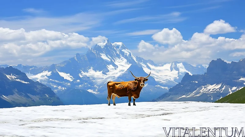 Alpine Cow in Winter Scenery AI Image