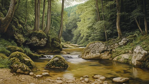 Peaceful Forest Brook with Trees and Rocks