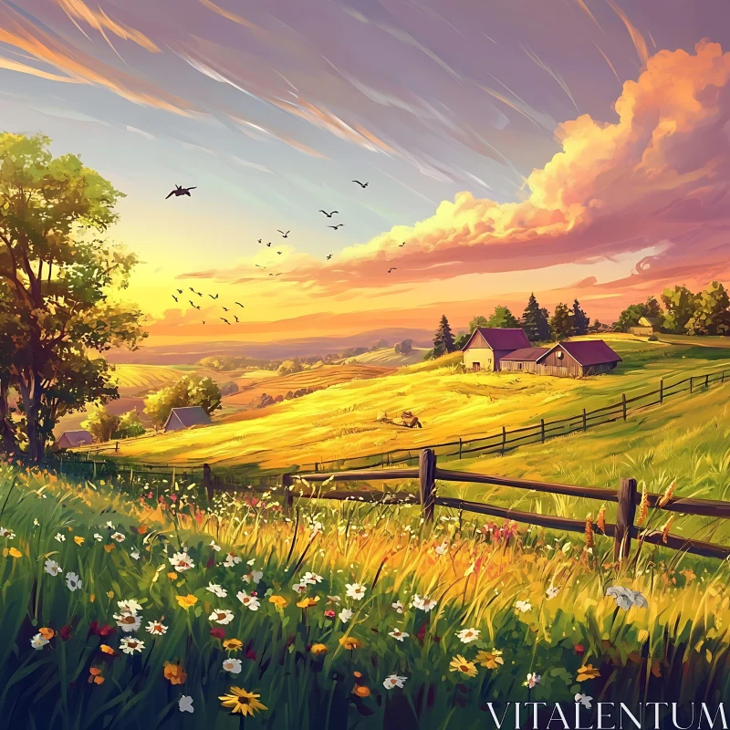 AI ART Scenic Sunset Field with Flowers