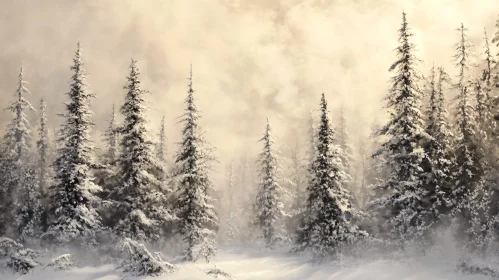 Snow-Covered Pines in Misty Winter Forest