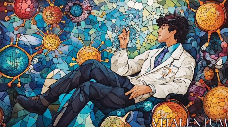 Scientist in Mosaic Art Studying Viruses AI Image