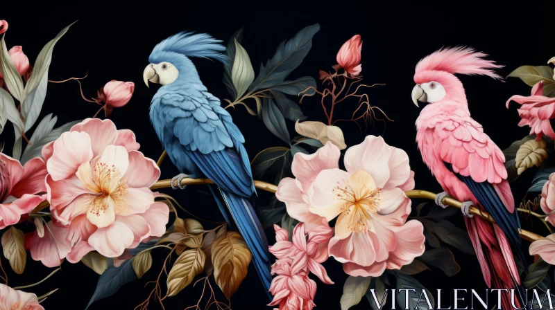 Baroque-inspired Parrots on Floral Branch Mural AI Image