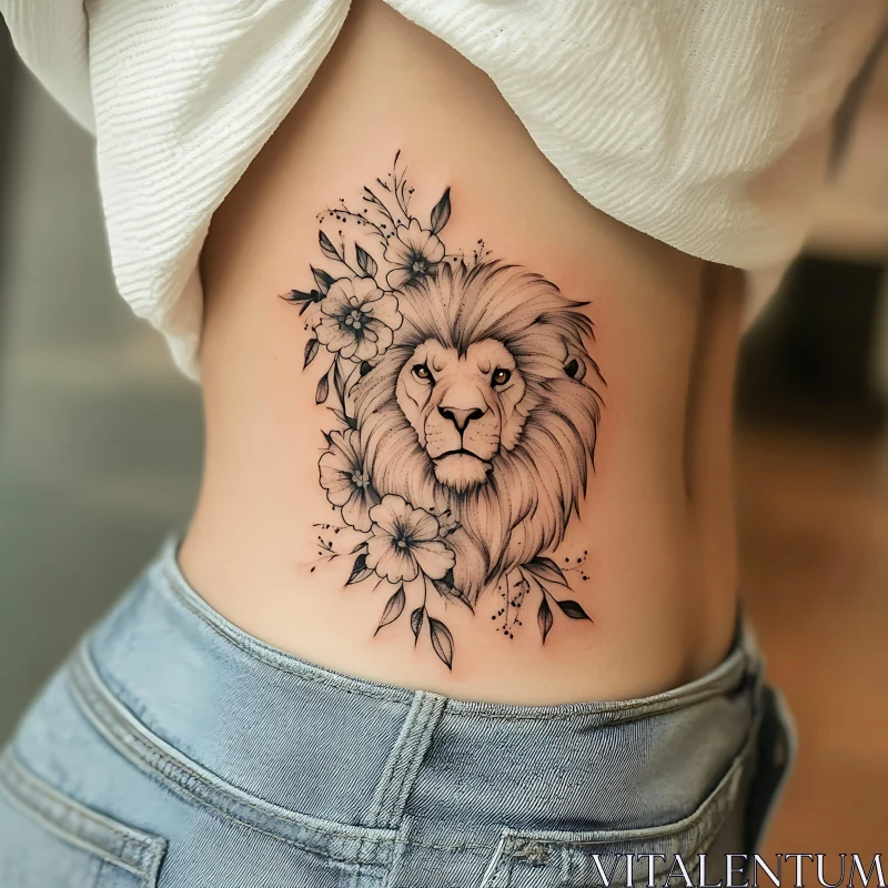 AI ART Monochrome Lion and Floral Side Tattoo