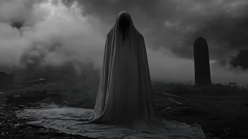 Monochrome Ghost in a Spooky Graveyard