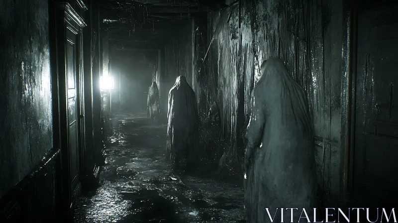 Ghosts in a Decayed Hallway AI Image