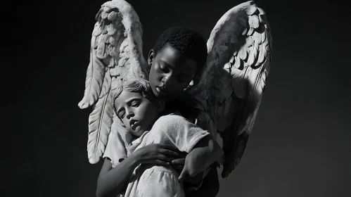 Monochrome Angel Embracing Child