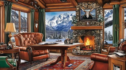 Warm Room with Fireplace and Snowy Peaks