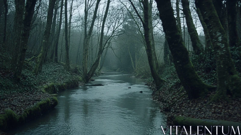 AI ART Serene Forest River with Bare Trees and Mist