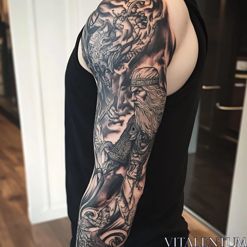 Mythological Sleeve Tattoo in Black Ink AI Image