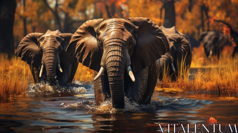 Elephants Walking through Water - Realistic Hyper-Detailed Rendering AI Image