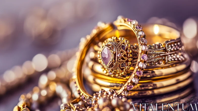 Exquisite Gold Ring with Purple Gemstone and Diamonds AI Image