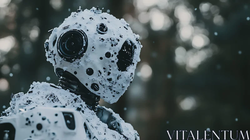 Snow-Covered Robot Amidst Winter Woods AI Image