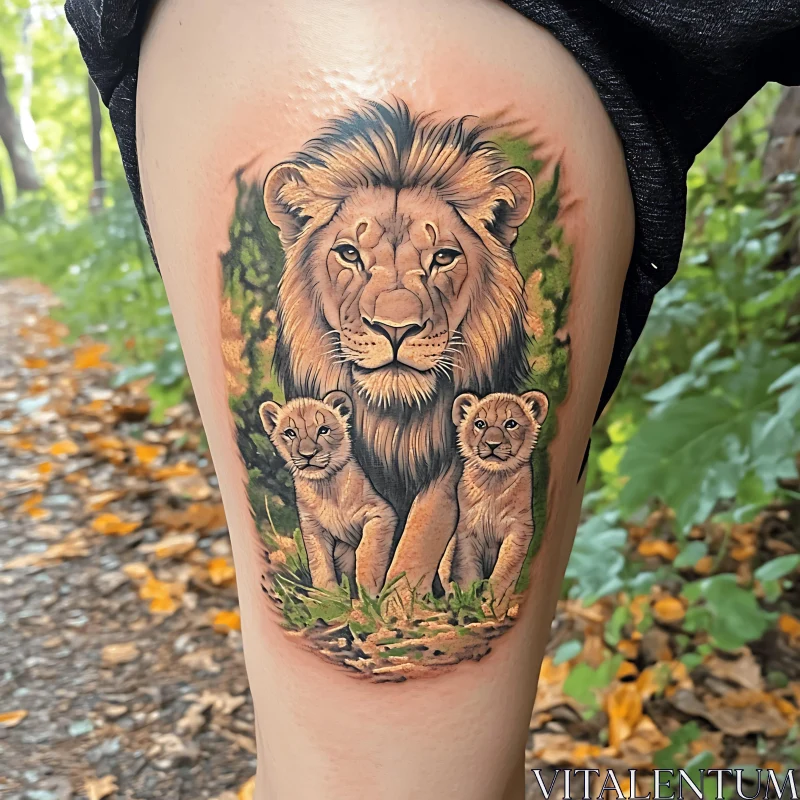 Majestic Lion and Cubs Tattoo Art in Nature AI Image