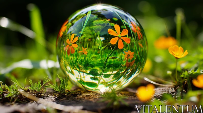 AI ART Mystic Symbolism in Nature - Glass Sphere with Orange Flowers