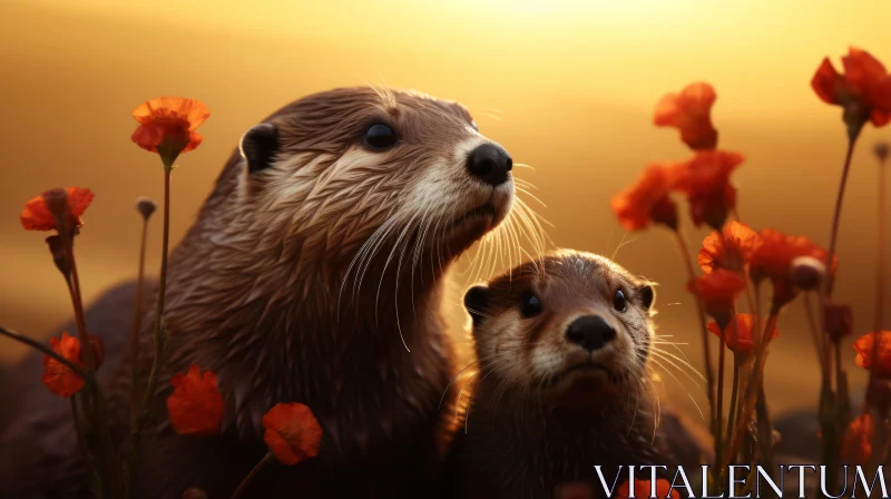 Otters in Golden Backlight Amidst Red Flowers - Artistic Wallpaper AI Image