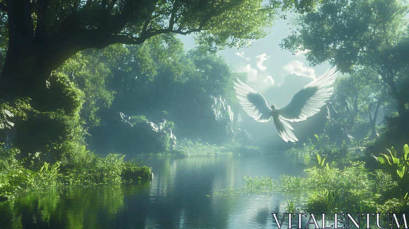 Ethereal Angel Over Forest Pond AI Image