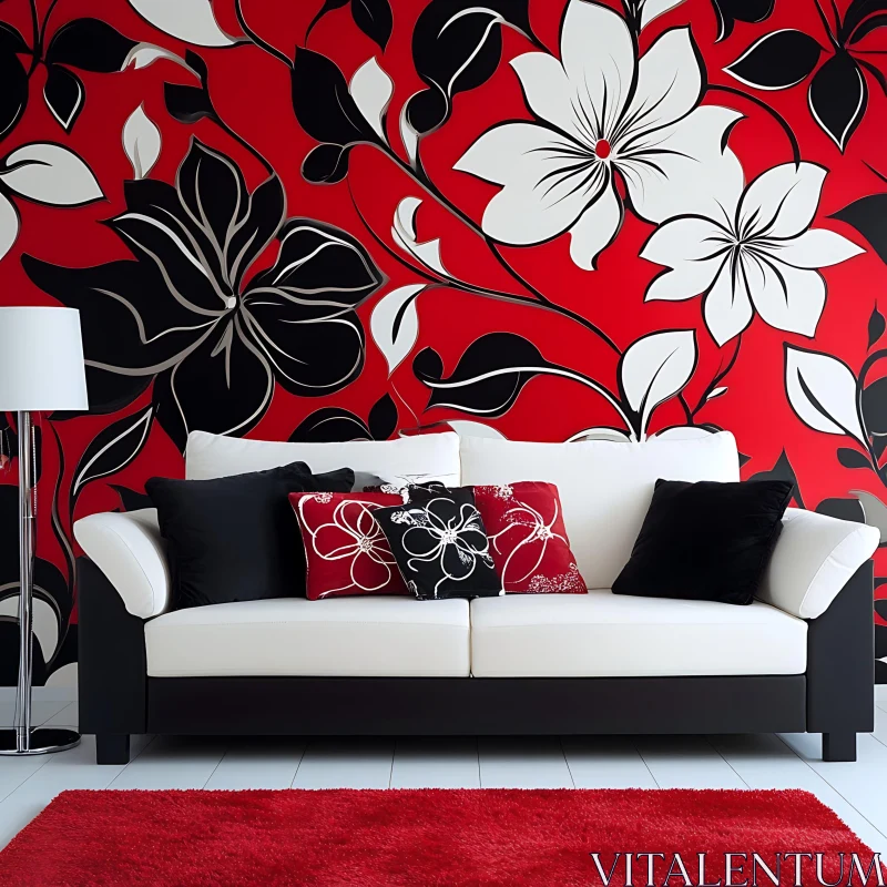 AI ART Modern Living Room with Red Floral Design