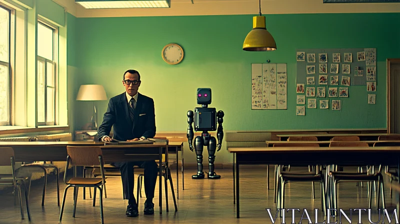 Retro Classroom with Robot AI Image