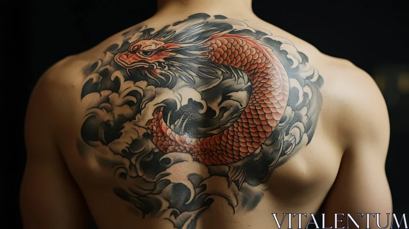 Exquisite Dragon Tattoo on Back with Cloudy Black Ink AI Image