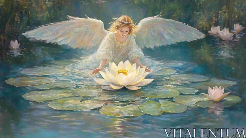 Angel and Lotus: A Peaceful Encounter AI Image