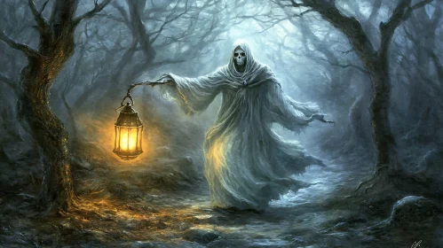 Ethereal Figure with Lantern in Misty Forest