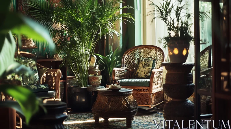 Indoor Plants and Wicker Furniture AI Image